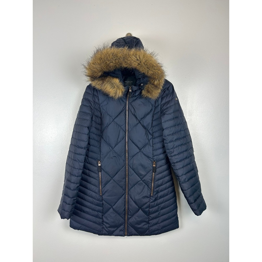 Marc New York Andrew Marc Navy Quilted Down Parka Coat Faux Fur‎ Hood XS Puffer